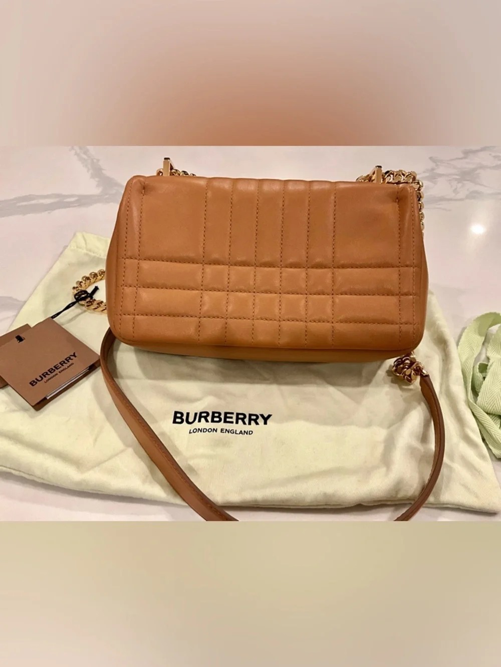 Burberry Small Lola Quilted Leather Bag Maple Brown Gold Chain NWT - Picture 4 of 15